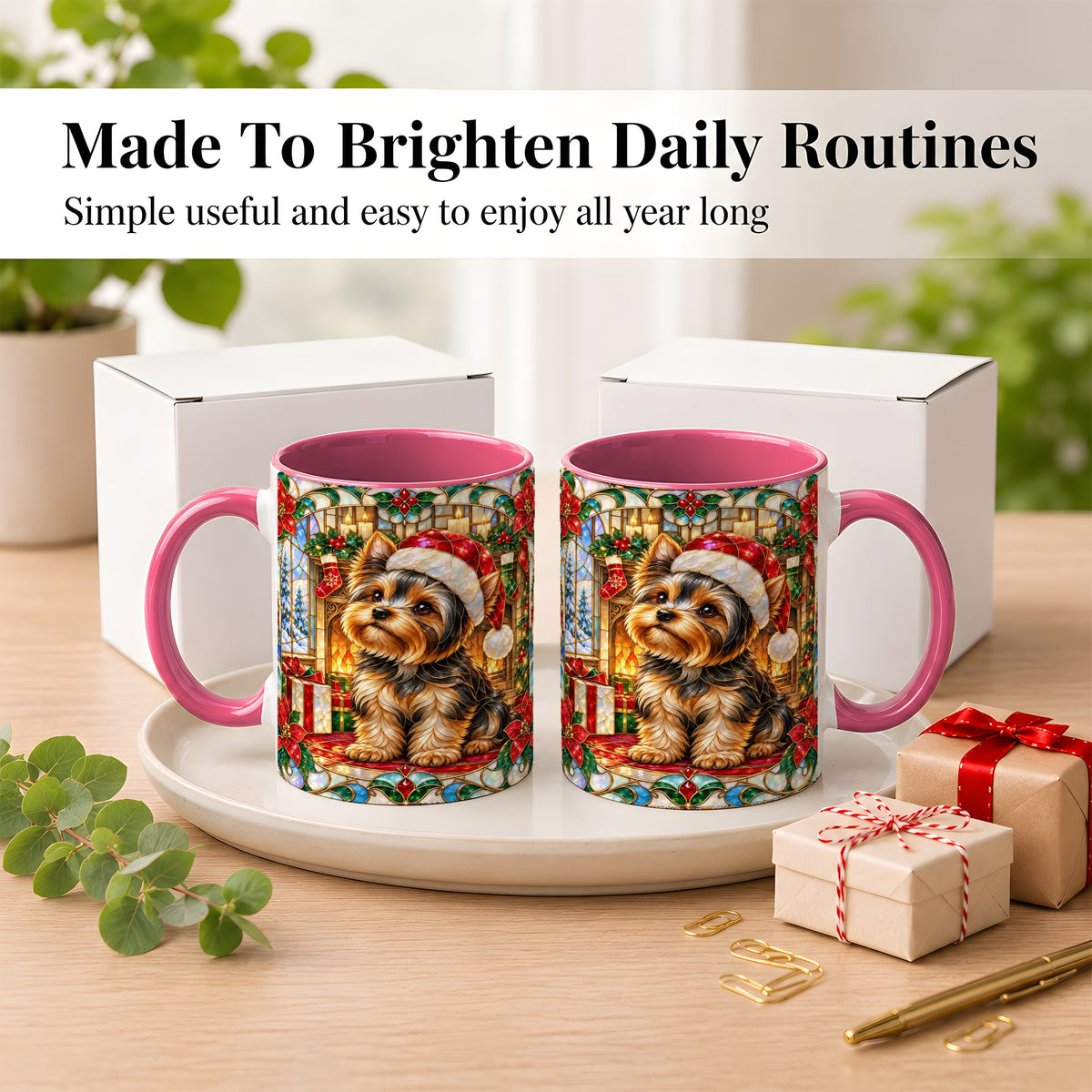 #pl[11oz|Pink] Stained Glass Style Yorkie Coffee Mug, Christmas Dog Mug, Ceramic Cup