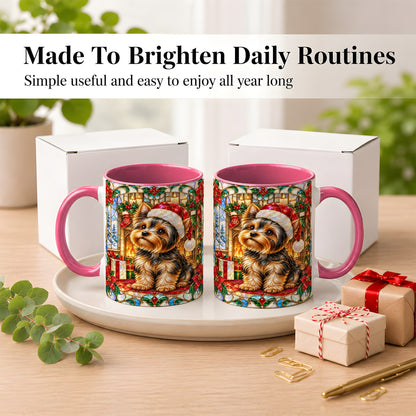 #pl[11oz|Pink] Stained Glass Style Yorkie Coffee Mug, Christmas Dog Mug, Ceramic Cup