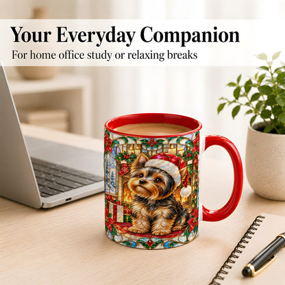 #pl[11oz|Red] Stained Glass Style Yorkie Coffee Mug, Christmas Dog Mug, Ceramic Cup