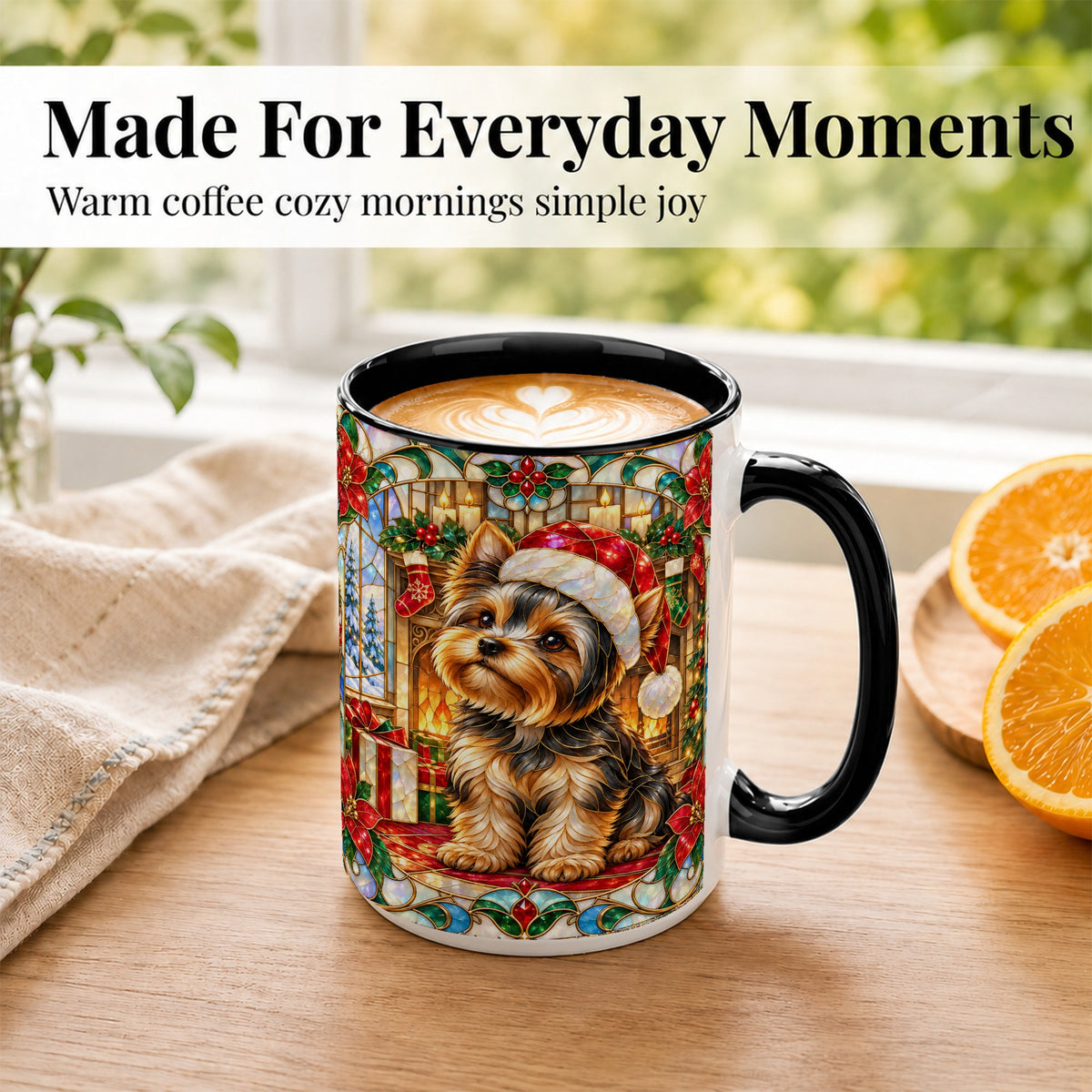 #pl[15oz|Black] Stained Glass Style Yorkie Coffee Mug, Christmas Dog Mug, Ceramic Cup