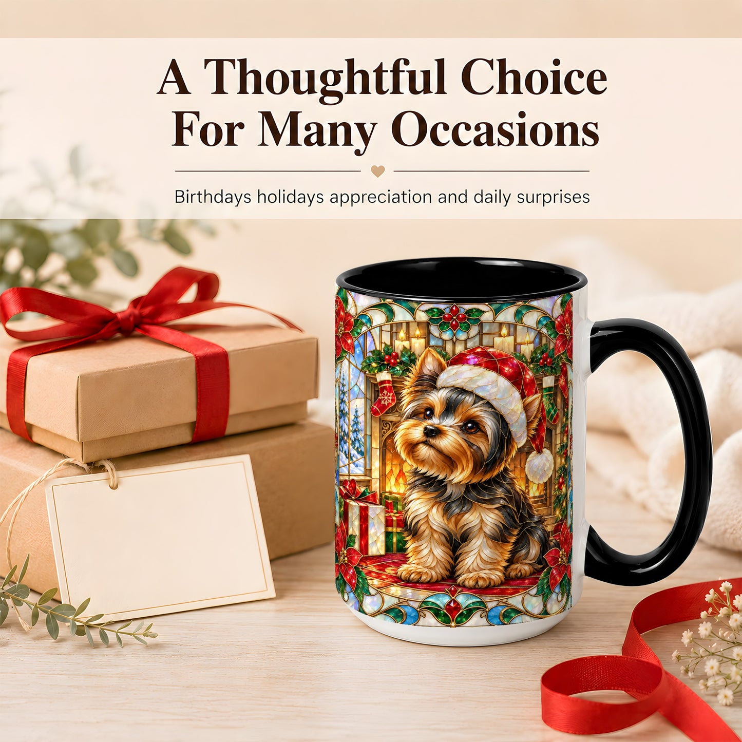 #pl[15oz|Black] Stained Glass Style Yorkie Coffee Mug, Christmas Dog Mug, Ceramic Cup