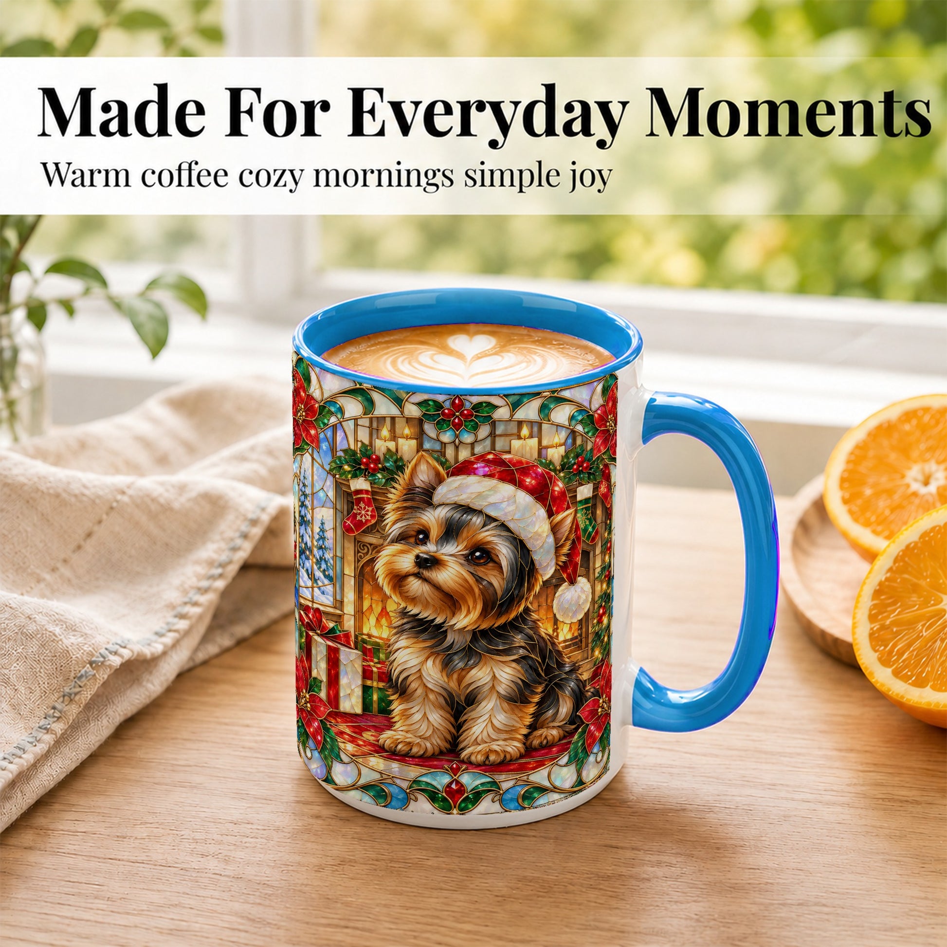 #pl[15oz|Blue] Stained Glass Style Yorkie Coffee Mug, Christmas Dog Mug, Ceramic Cup