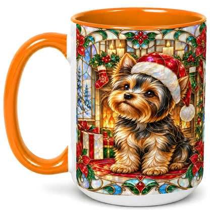 #pl[15oz|Orange] Stained Glass Style Yorkie Coffee Mug, Christmas Dog Mug, Ceramic Cup