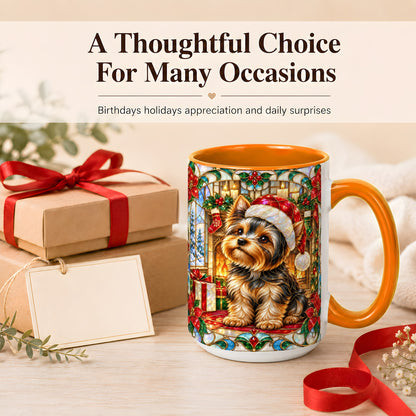 #pl[15oz|Orange] Stained Glass Style Yorkie Coffee Mug, Christmas Dog Mug, Ceramic Cup