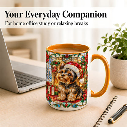 #pl[15oz|Orange] Stained Glass Style Yorkie Coffee Mug, Christmas Dog Mug, Ceramic Cup