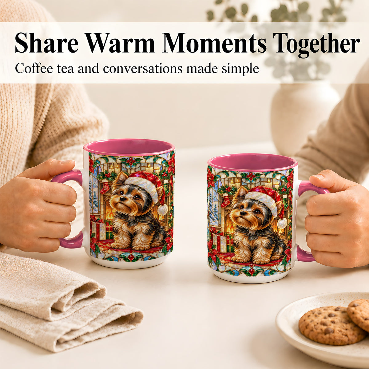 #pl[15oz|Pink] Stained Glass Style Yorkie Coffee Mug, Christmas Dog Mug, Ceramic Cup