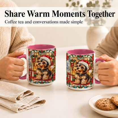 #pl[15oz|Pink] Stained Glass Style Yorkie Coffee Mug, Christmas Dog Mug, Ceramic Cup