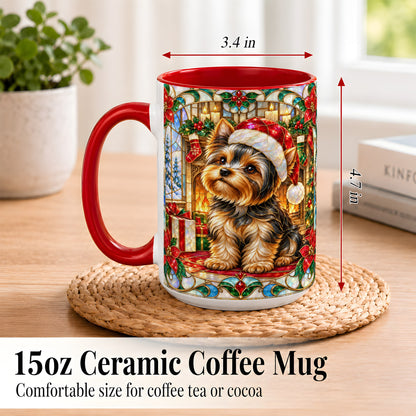 #pl[15oz|Red] Stained Glass Style Yorkie Coffee Mug, Christmas Dog Mug, Ceramic Cup