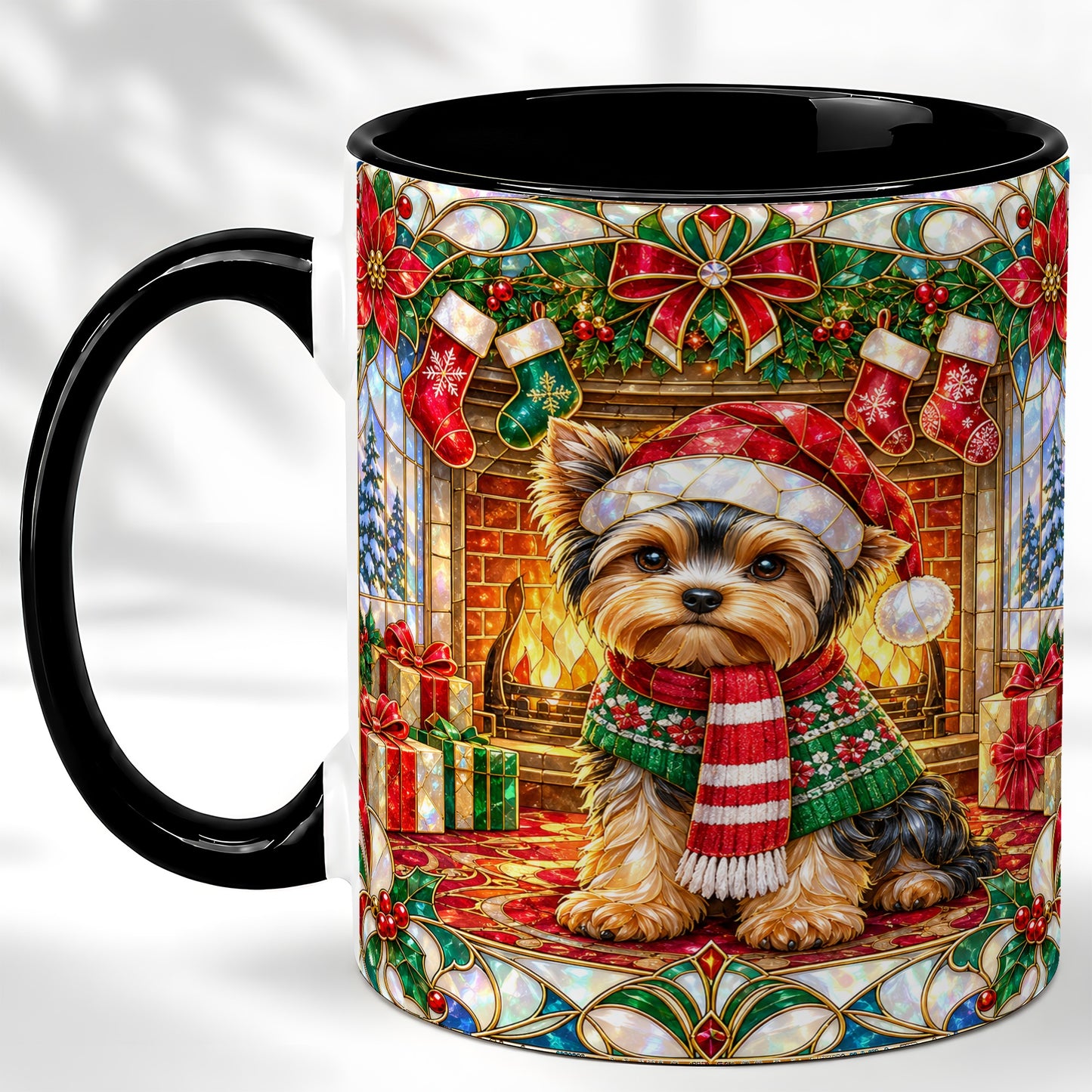 #pl[11oz|Black] Yorkie Christmas Coffee Mug, Stained Glass Style Dog Mug, Ceramic Cup