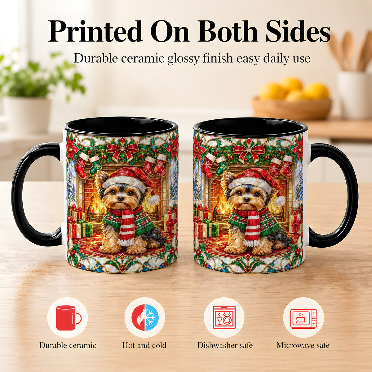 #pl[11oz|Black] Yorkie Christmas Coffee Mug, Stained Glass Style Dog Mug, Ceramic Cup