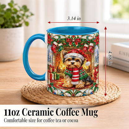 #pl[11oz|Blue] Yorkie Christmas Coffee Mug, Stained Glass Style Dog Mug, Ceramic Cup