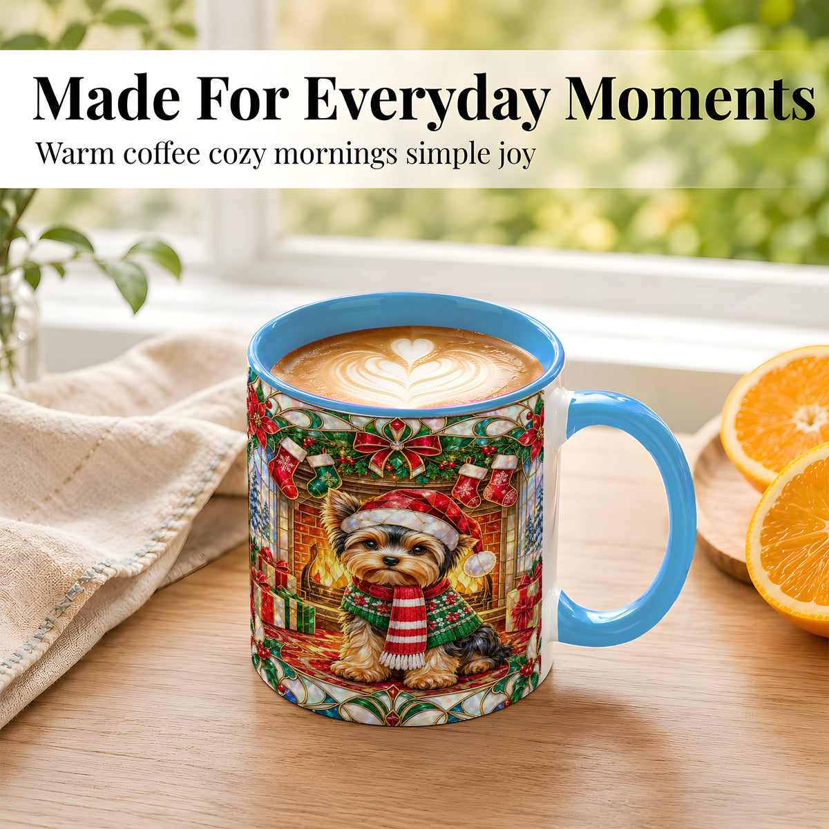 #pl[11oz|Blue] Yorkie Christmas Coffee Mug, Stained Glass Style Dog Mug, Ceramic Cup