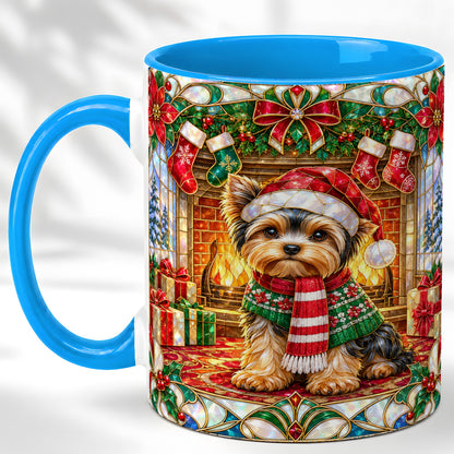 #pl[11oz|Blue] Yorkie Christmas Coffee Mug, Stained Glass Style Dog Mug, Ceramic Cup