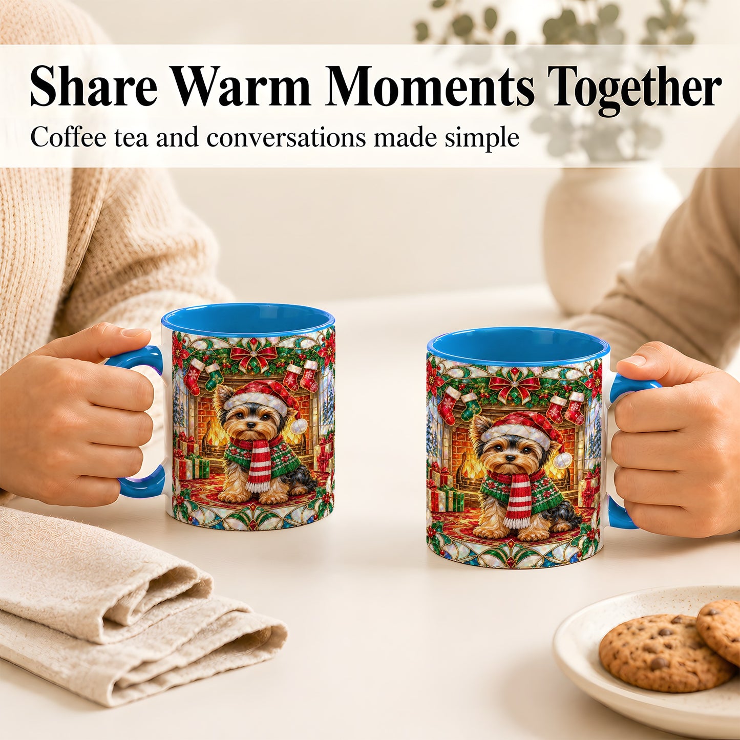 #pl[11oz|Blue] Yorkie Christmas Coffee Mug, Stained Glass Style Dog Mug, Ceramic Cup