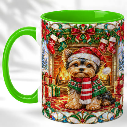 #pl[11oz|Green] Yorkie Christmas Coffee Mug, Stained Glass Style Dog Mug, Ceramic Cup