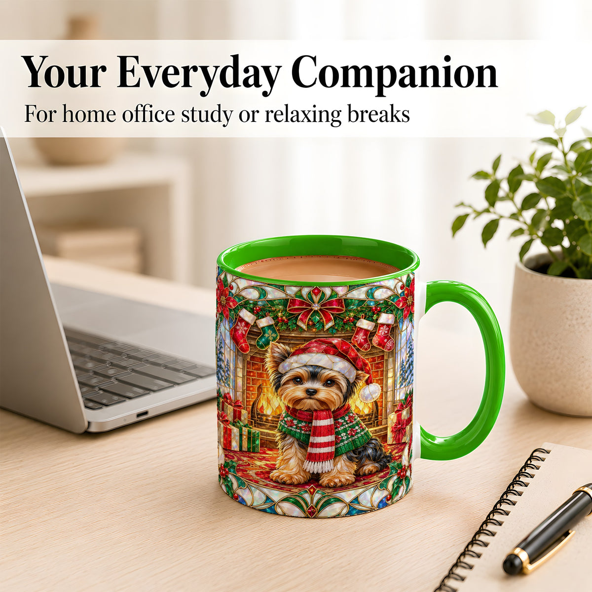 #pl[11oz|Green] Yorkie Christmas Coffee Mug, Stained Glass Style Dog Mug, Ceramic Cup