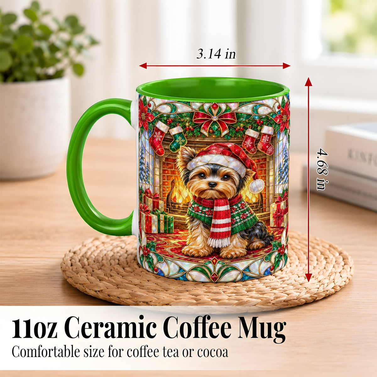 #pl[11oz|Green] Yorkie Christmas Coffee Mug, Stained Glass Style Dog Mug, Ceramic Cup