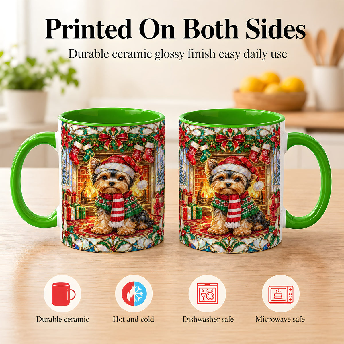 #pl[11oz|Green] Yorkie Christmas Coffee Mug, Stained Glass Style Dog Mug, Ceramic Cup