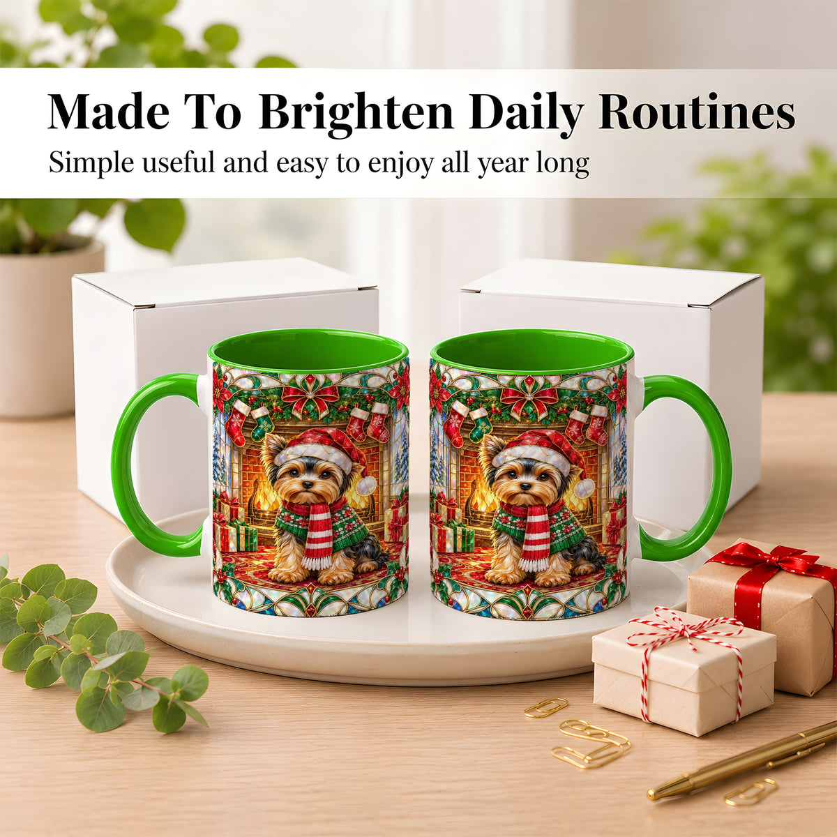 #pl[11oz|Green] Yorkie Christmas Coffee Mug, Stained Glass Style Dog Mug, Ceramic Cup