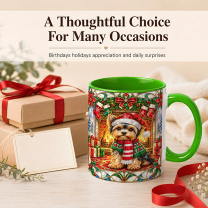 #pl[11oz|Green] Yorkie Christmas Coffee Mug, Stained Glass Style Dog Mug, Ceramic Cup