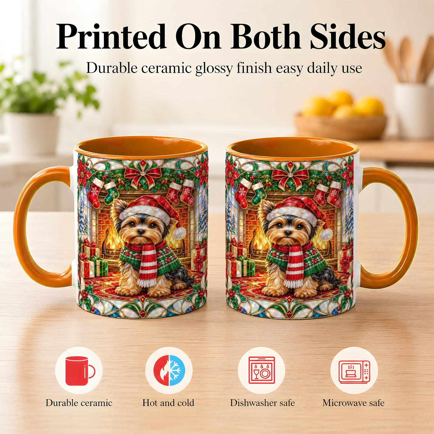 #pl[11oz|Orange] Yorkie Christmas Coffee Mug, Stained Glass Style Dog Mug, Ceramic Cup