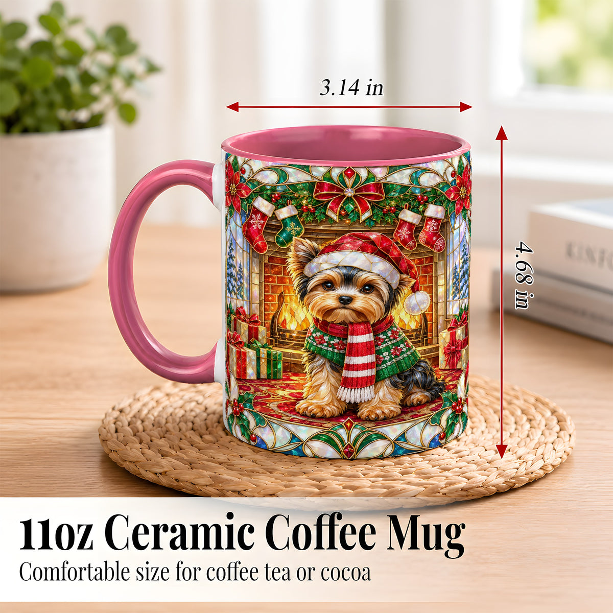 #pl[11oz|Pink] Yorkie Christmas Coffee Mug, Stained Glass Style Dog Mug, Ceramic Cup