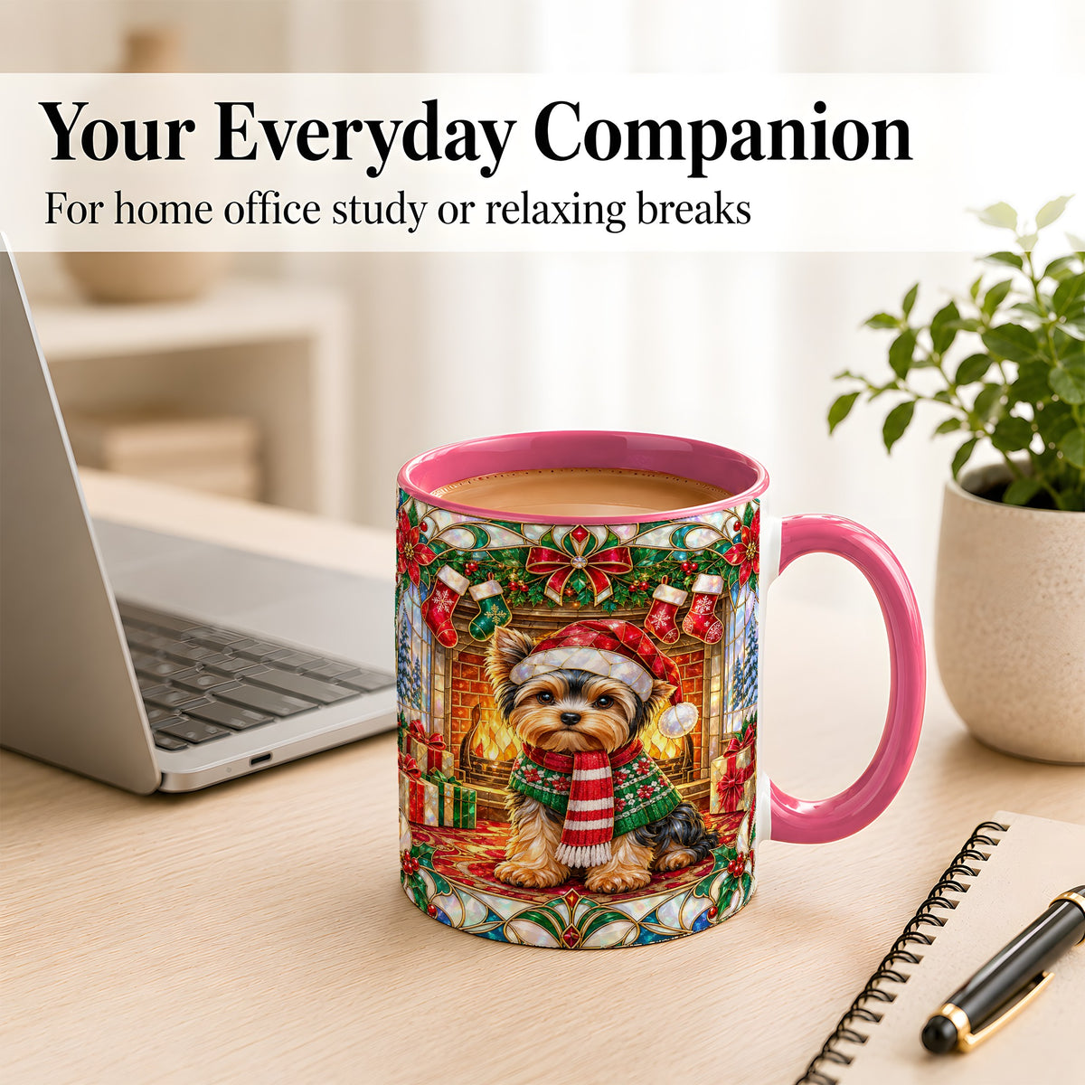 #pl[11oz|Pink] Yorkie Christmas Coffee Mug, Stained Glass Style Dog Mug, Ceramic Cup