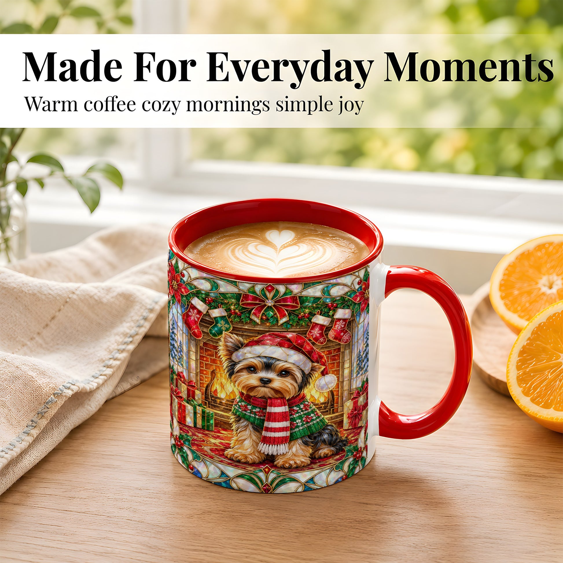 #pl[11oz|Red] Yorkie Christmas Coffee Mug, Stained Glass Style Dog Mug, Ceramic Cup