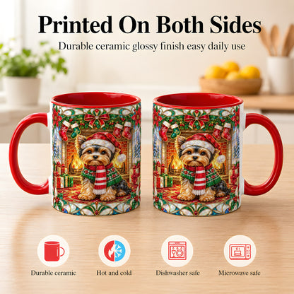 #pl[11oz|Red] Yorkie Christmas Coffee Mug, Stained Glass Style Dog Mug, Ceramic Cup