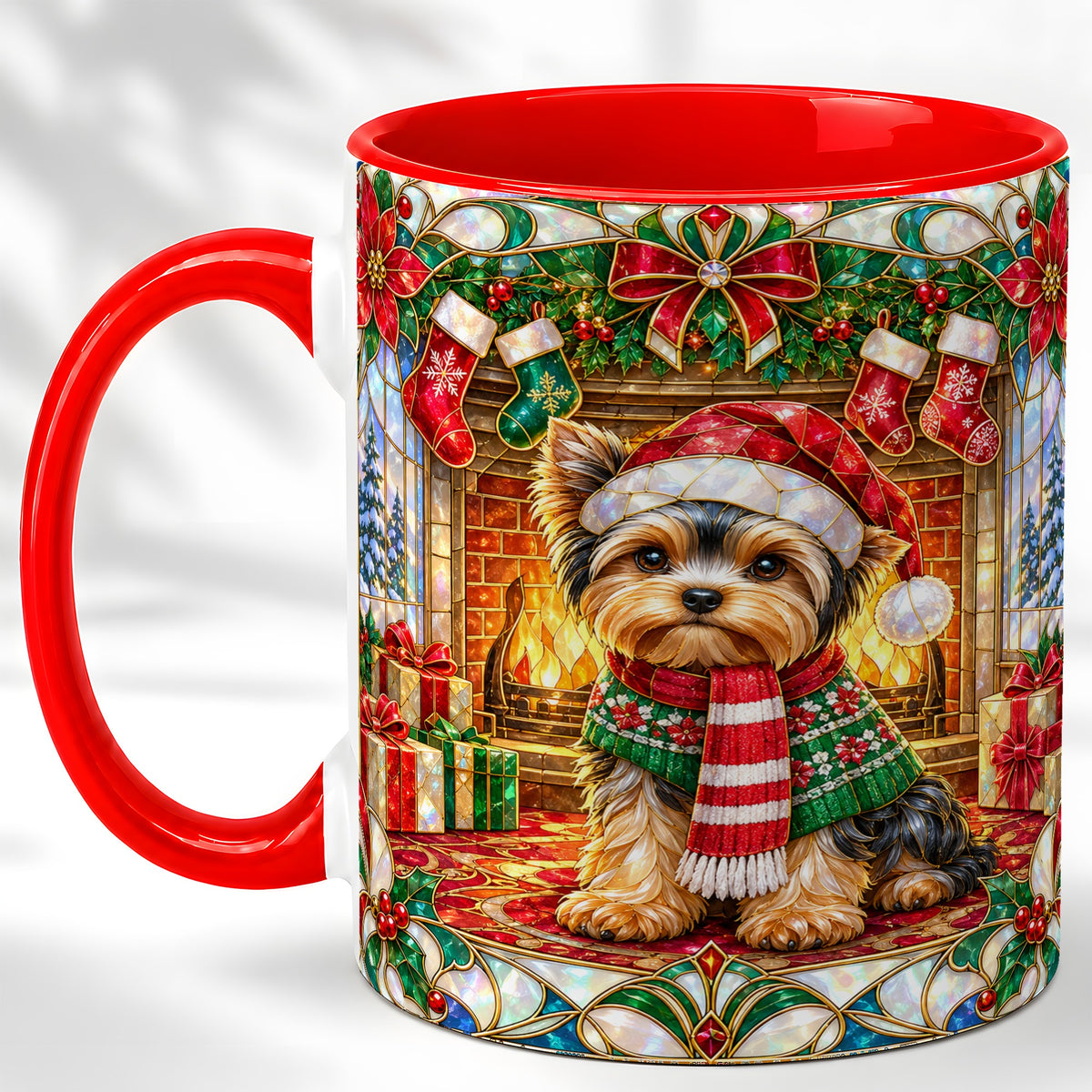 Yorkie Christmas Coffee Mug, Stained Glass Style Dog Mug, Ceramic Cup