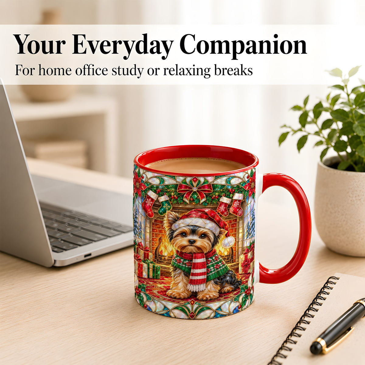 #pl[11oz|Red] Yorkie Christmas Coffee Mug, Stained Glass Style Dog Mug, Ceramic Cup