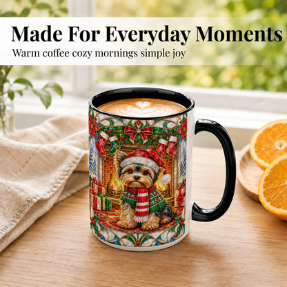 #pl[15oz|Black] Yorkie Christmas Coffee Mug, Stained Glass Style Dog Mug, Ceramic Cup