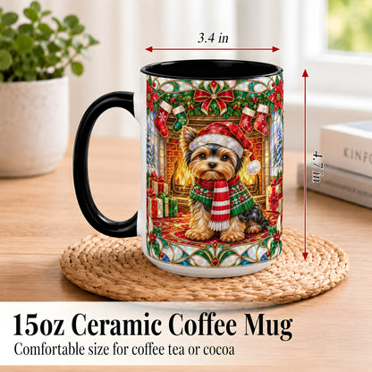 #pl[15oz|Black] Yorkie Christmas Coffee Mug, Stained Glass Style Dog Mug, Ceramic Cup