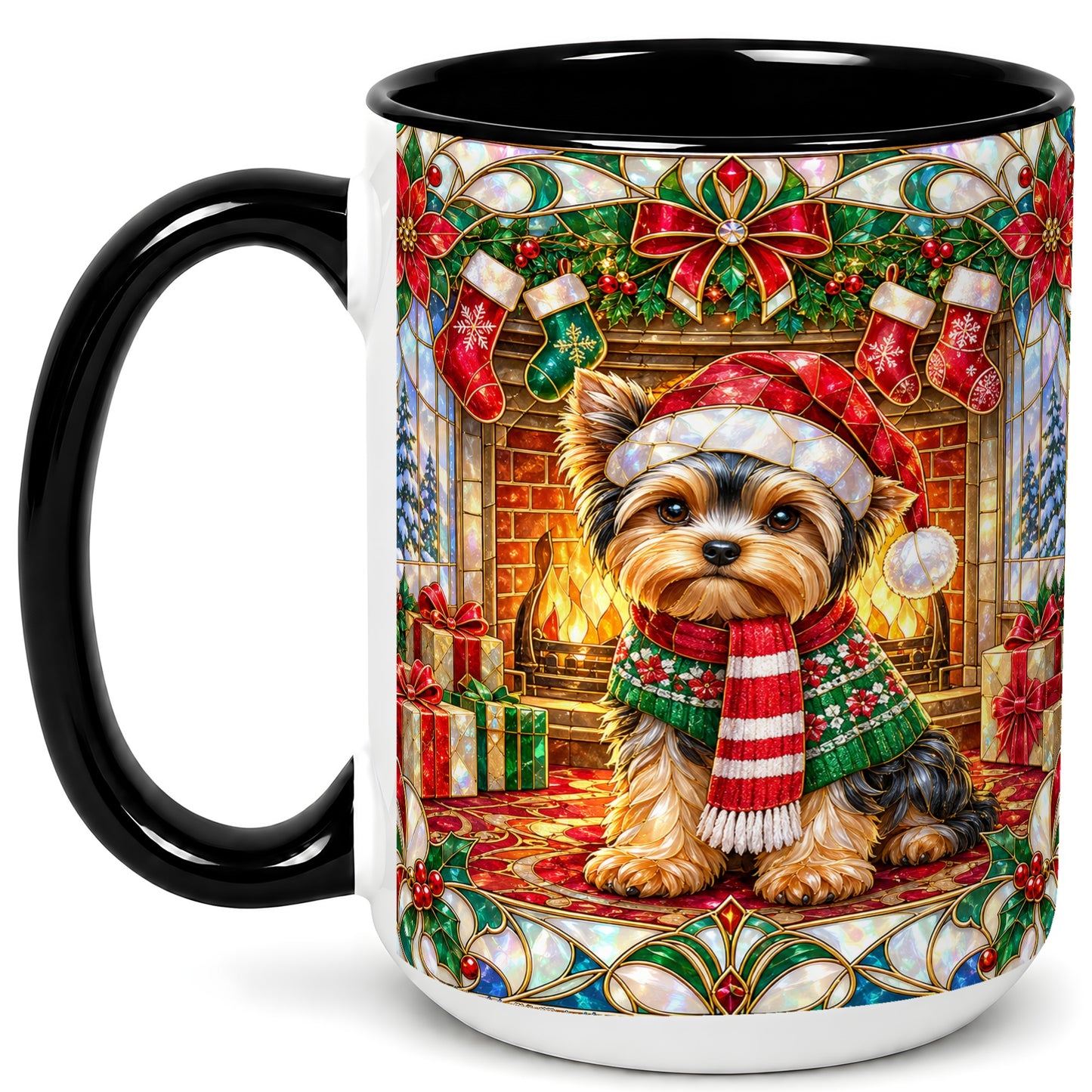 #pl[15oz|Black] Yorkie Christmas Coffee Mug, Stained Glass Style Dog Mug, Ceramic Cup