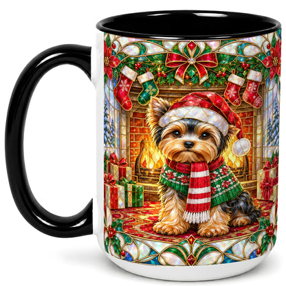 #pl[15oz|Black] Yorkie Christmas Coffee Mug, Stained Glass Style Dog Mug, Ceramic Cup