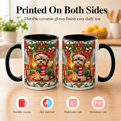 #pl[15oz|Black] Yorkie Christmas Coffee Mug, Stained Glass Style Dog Mug, Ceramic Cup