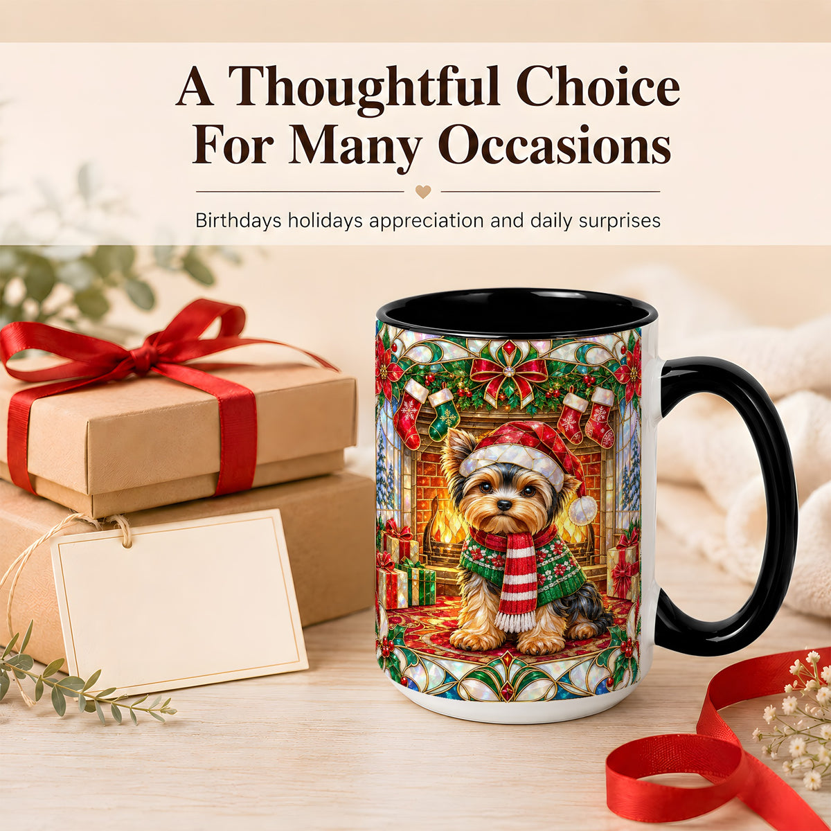 #pl[15oz|Black] Yorkie Christmas Coffee Mug, Stained Glass Style Dog Mug, Ceramic Cup