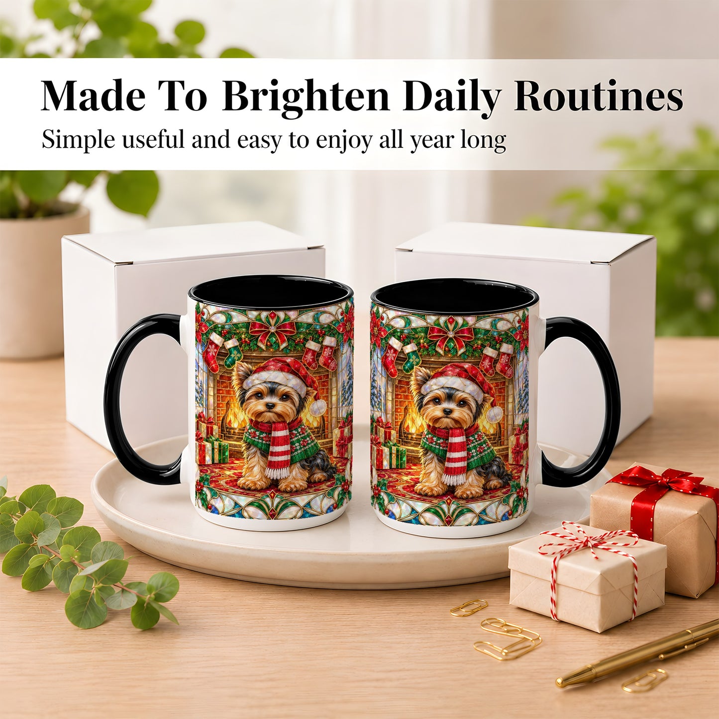 #pl[15oz|Black] Yorkie Christmas Coffee Mug, Stained Glass Style Dog Mug, Ceramic Cup