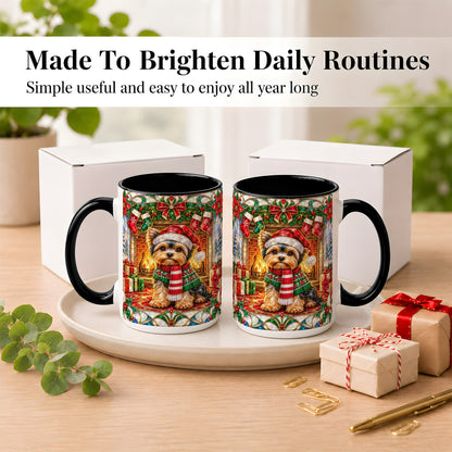 #pl[15oz|Black] Yorkie Christmas Coffee Mug, Stained Glass Style Dog Mug, Ceramic Cup