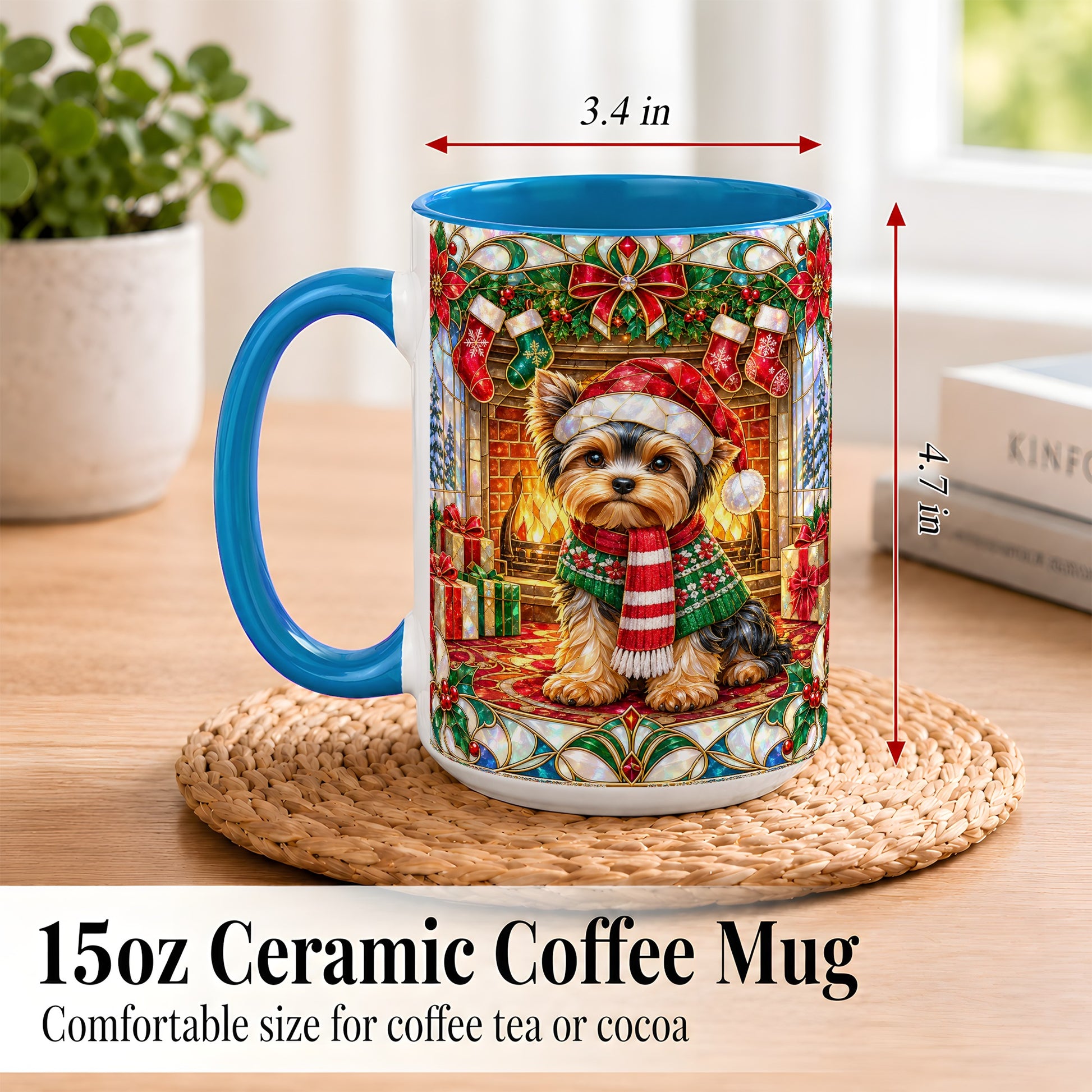#pl[15oz|Blue] Yorkie Christmas Coffee Mug, Stained Glass Style Dog Mug, Ceramic Cup
