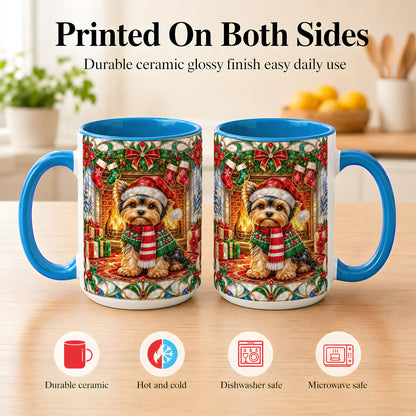 #pl[15oz|Blue] Yorkie Christmas Coffee Mug, Stained Glass Style Dog Mug, Ceramic Cup