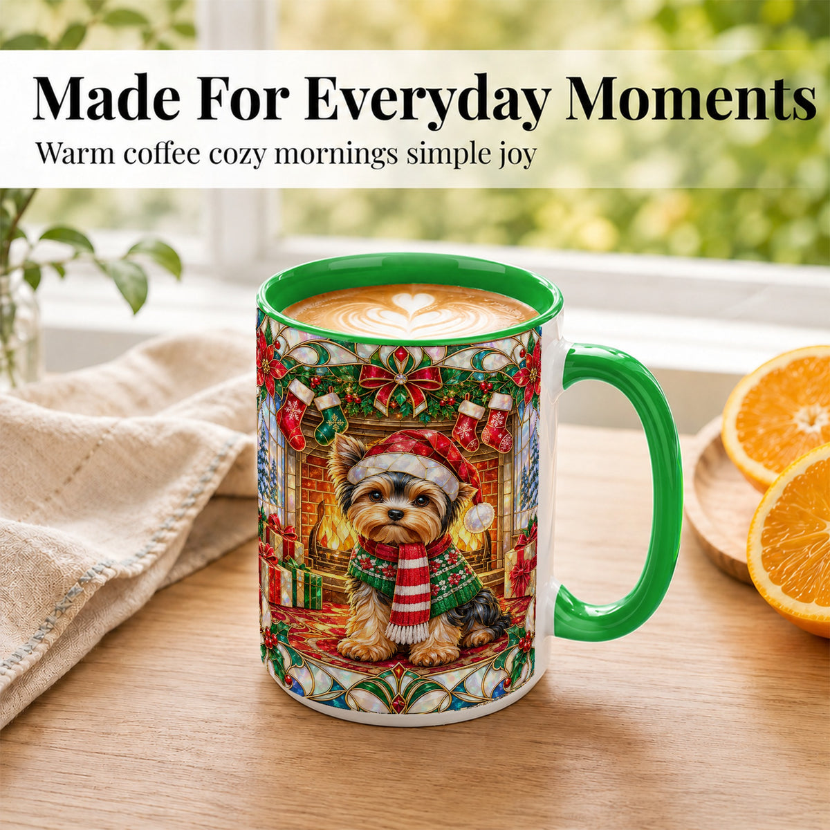 #pl[15oz|Green] Yorkie Christmas Coffee Mug, Stained Glass Style Dog Mug, Ceramic Cup
