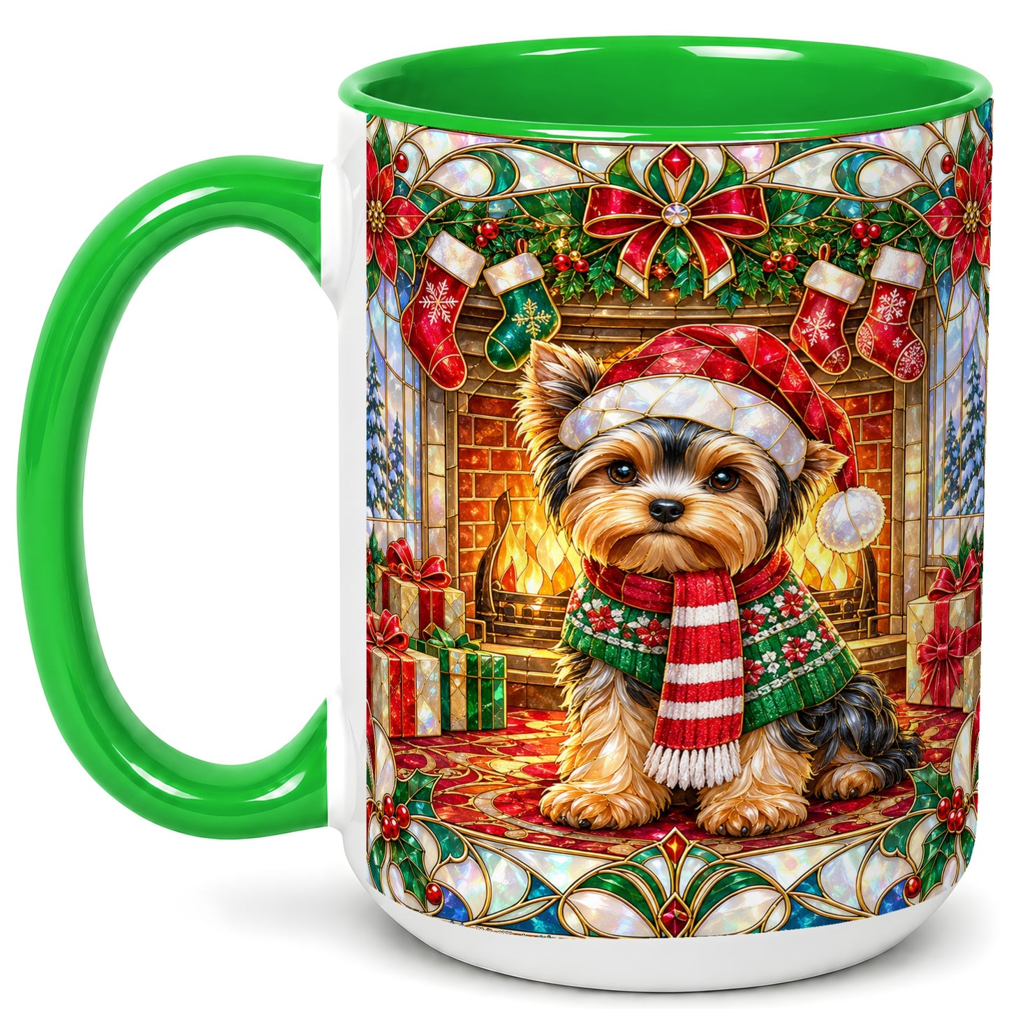 #pl[15oz|Green] Yorkie Christmas Coffee Mug, Stained Glass Style Dog Mug, Ceramic Cup