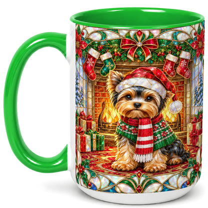 #pl[15oz|Green] Yorkie Christmas Coffee Mug, Stained Glass Style Dog Mug, Ceramic Cup