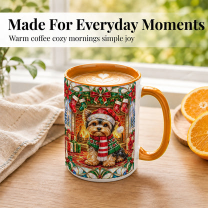 #pl[15oz|Orange] Yorkie Christmas Coffee Mug, Stained Glass Style Dog Mug, Ceramic Cup