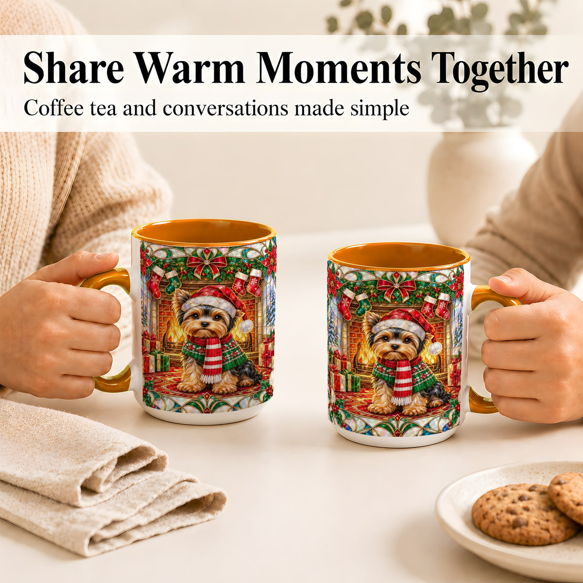 #pl[15oz|Orange] Yorkie Christmas Coffee Mug, Stained Glass Style Dog Mug, Ceramic Cup