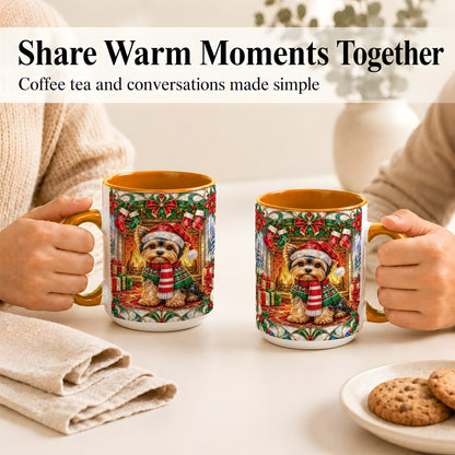 #pl[15oz|Orange] Yorkie Christmas Coffee Mug, Stained Glass Style Dog Mug, Ceramic Cup