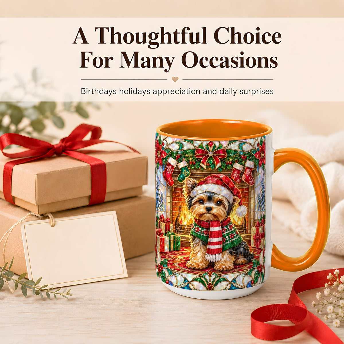 #pl[15oz|Orange] Yorkie Christmas Coffee Mug, Stained Glass Style Dog Mug, Ceramic Cup