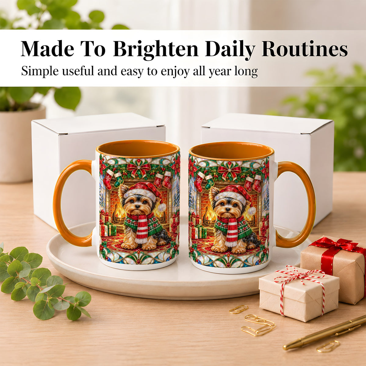 #pl[15oz|Orange] Yorkie Christmas Coffee Mug, Stained Glass Style Dog Mug, Ceramic Cup