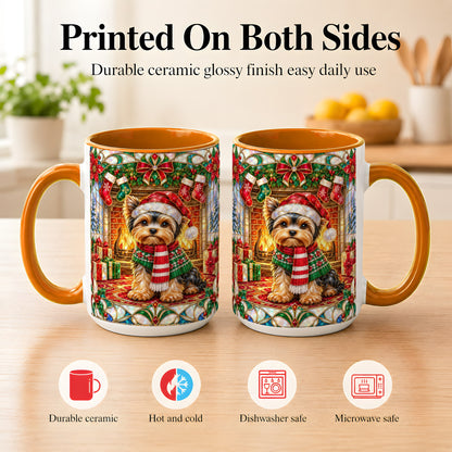 #pl[15oz|Orange] Yorkie Christmas Coffee Mug, Stained Glass Style Dog Mug, Ceramic Cup